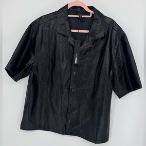 Fashion Nova "Nova Men" Black Riker Faux Leather Dress Shirt Size Medium NWT